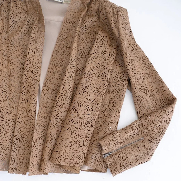 Alice +  Olivia Vanna Laser-Cut 100% Lamb Leather Tan Jacket Medium - Picture 6 of 14